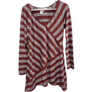 Studio M Womens BOHO Tunic Top Medium Maroon Gray Striped V-Neck Long Sleeve